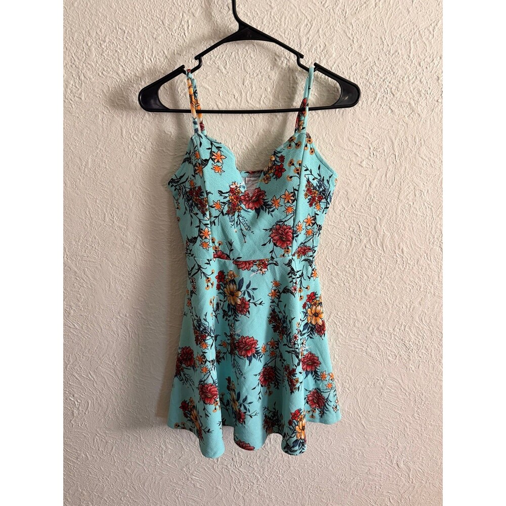 Blue floral print mini dress with spaghetti straps